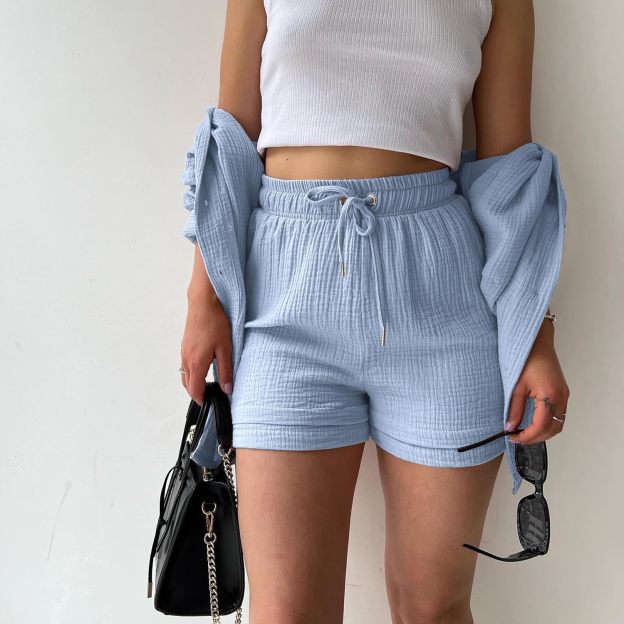 Two Piece Women's Elegant Summer Muslin Blouse Shirt and Shorts Clothes Aesthetic Two Piece Lounge Set Beach Outfit Set Two Piece Set Women Fashion Lightweight Outfits Clothing 2-Piece Set Y2k Clothes