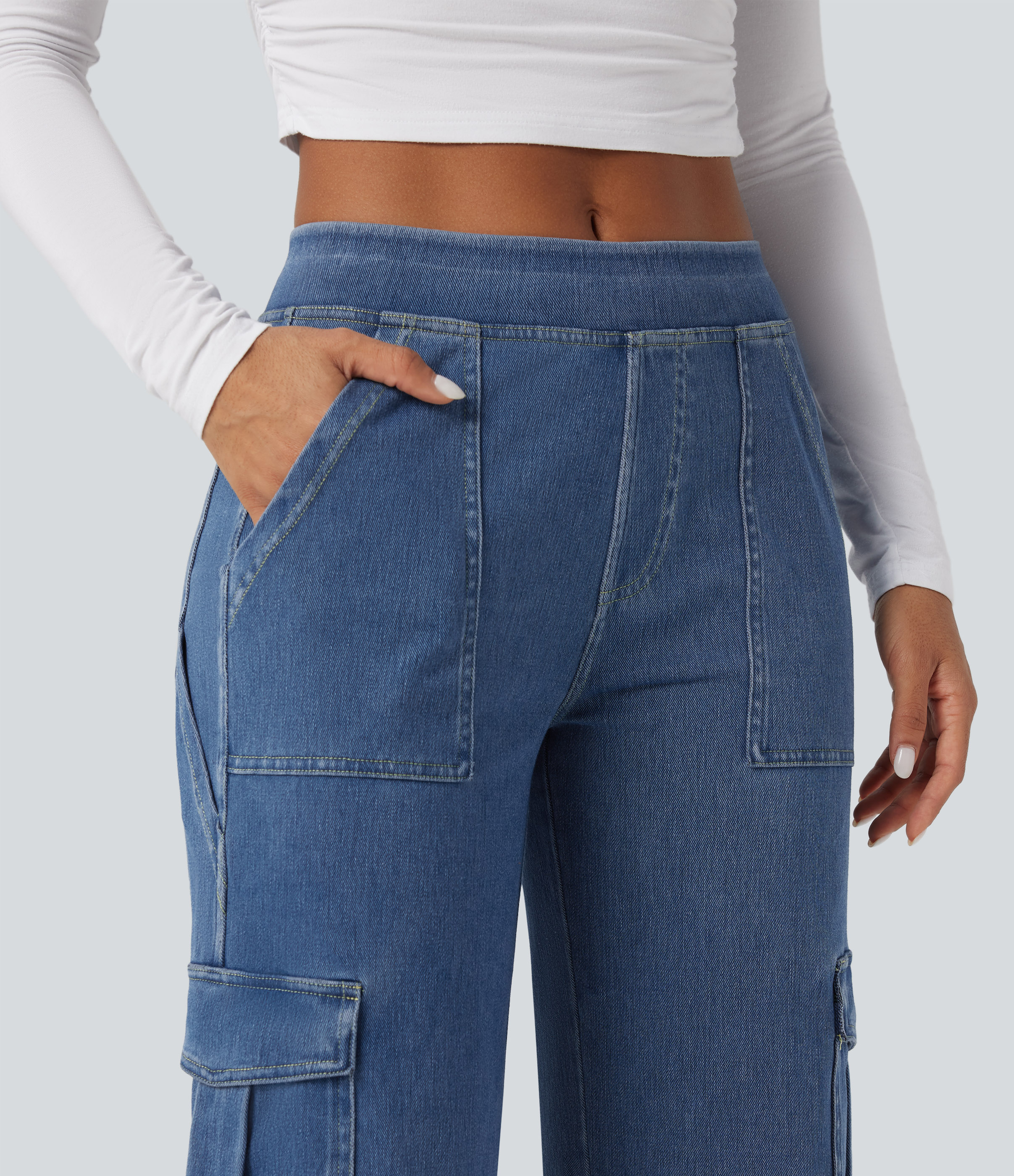 Mid Rise Pockets Straight Leg Casual Cargo Jeans