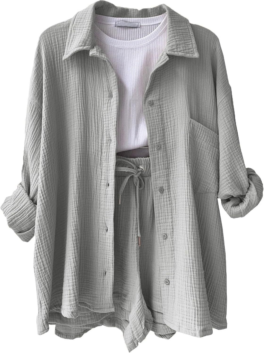 Two Piece Women's Elegant Summer Muslin Blouse Shirt and Shorts Clothes Aesthetic Two Piece Lounge Set Beach Outfit Set Two Piece Set Women Fashion Lightweight Outfits Clothing 2-Piece Set Y2k Clothes