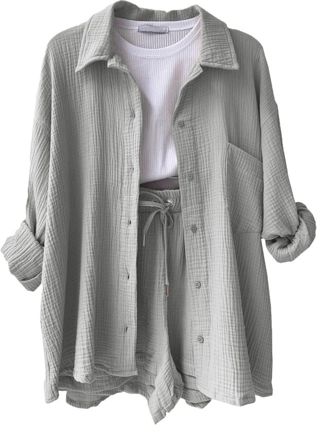 Two Piece Women's Elegant Summer Muslin Blouse Shirt and Shorts Clothes Aesthetic Two Piece Lounge Set Beach Outfit Set Two Piece Set Women Fashion Lightweight Outfits Clothing 2-Piece Set Y2k Clothes