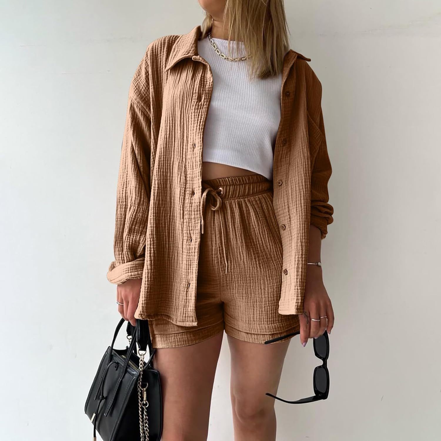 Two Piece Women's Elegant Summer Muslin Blouse Shirt and Shorts Clothes Aesthetic Two Piece Lounge Set Beach Outfit Set Two Piece Set Women Fashion Lightweight Outfits Clothing 2-Piece Set Y2k Clothes