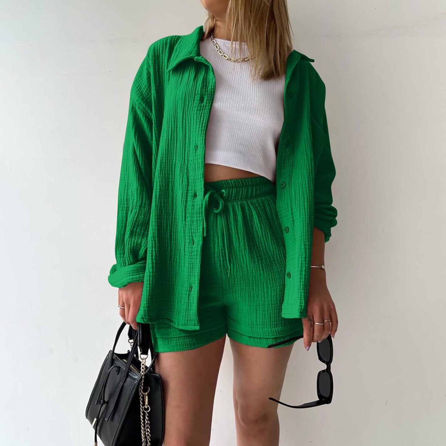 Two Piece Women's Elegant Summer Muslin Blouse Shirt and Shorts Clothes Aesthetic Two Piece Lounge Set Beach Outfit Set Two Piece Set Women Fashion Lightweight Outfits Clothing 2-Piece Set Y2k Clothes