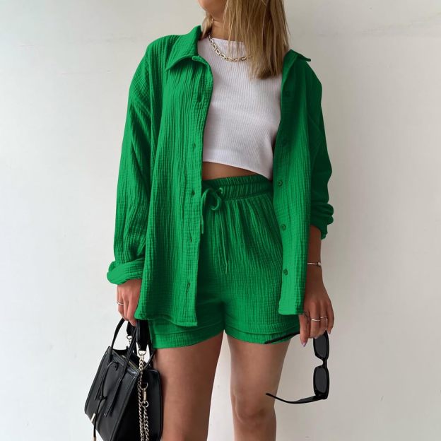 Two Piece Women's Elegant Summer Muslin Blouse Shirt and Shorts Clothes Aesthetic Two Piece Lounge Set Beach Outfit Set Two Piece Set Women Fashion Lightweight Outfits Clothing 2-Piece Set Y2k Clothes