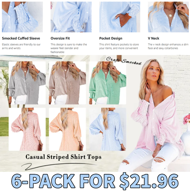 Women's Striped Button-Up Shirt for Women – Ruched Cuff Long Sleeve Casual Blouse