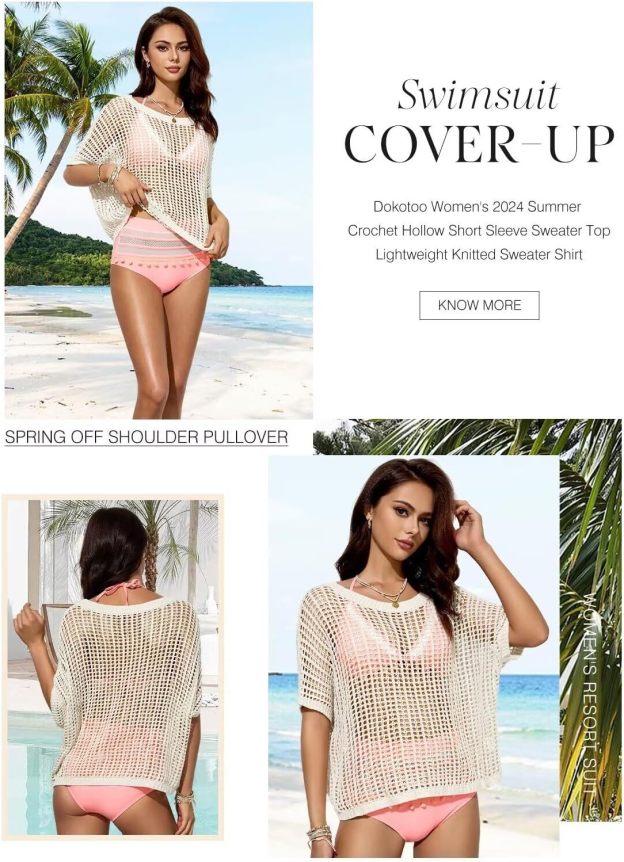 Womens Summer Scoop Neck Short Sleeve Sweater Casual Crochet Hollow Out Knit Tops Pullover Shirts Beach Coverup