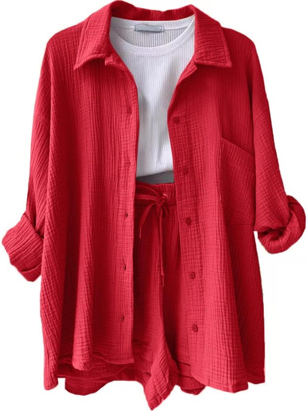 Two Piece Women's Elegant Summer Muslin Blouse Shirt and Shorts Clothes Aesthetic Two Piece Lounge Set Beach Outfit Set Two Piece Set Women Fashion Lightweight Outfits Clothing 2-Piece Set Y2k Clothes