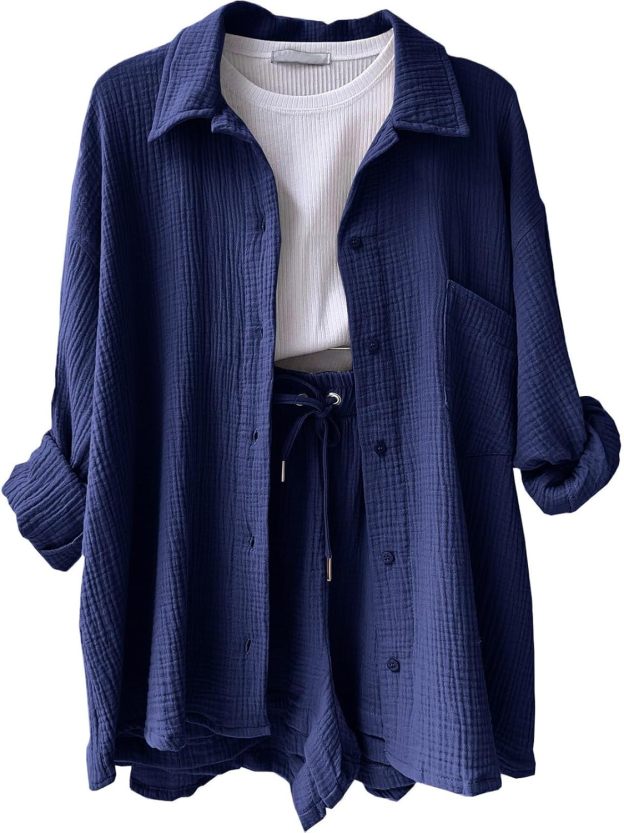 Two Piece Women's Elegant Summer Muslin Blouse Shirt and Shorts Clothes Aesthetic Two Piece Lounge Set Beach Outfit Set Two Piece Set Women Fashion Lightweight Outfits Clothing 2-Piece Set Y2k Clothes
