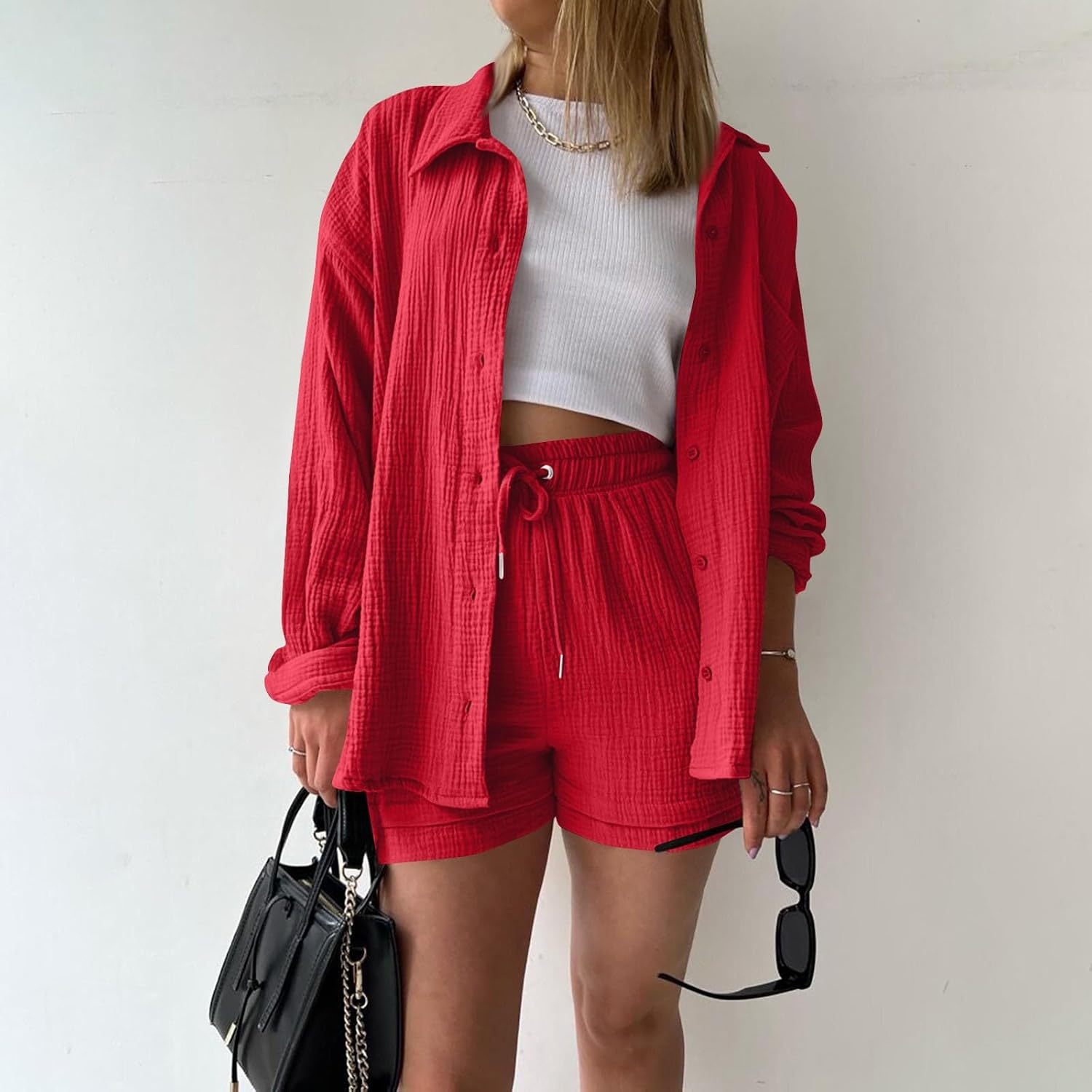 Two Piece Women's Elegant Summer Muslin Blouse Shirt and Shorts Clothes Aesthetic Two Piece Lounge Set Beach Outfit Set Two Piece Set Women Fashion Lightweight Outfits Clothing 2-Piece Set Y2k Clothes