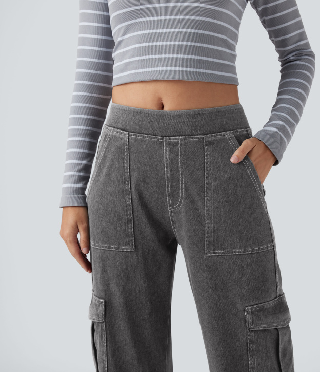 Mid Rise Pockets Straight Leg Casual Cargo Jeans