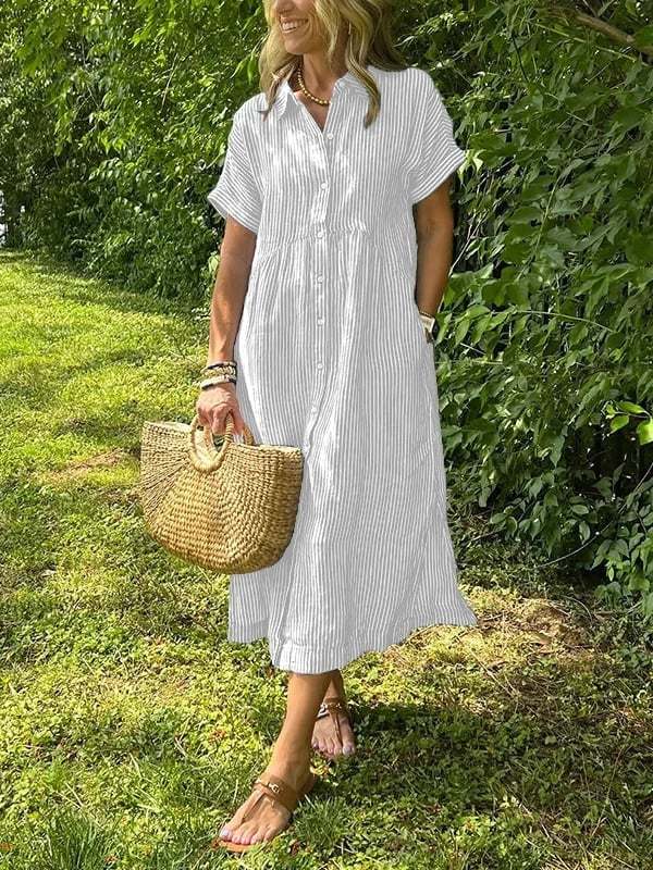 🔥LAST DAY SALE 89% OFF🔥 Striped Lapel Button Down Shirt Dress