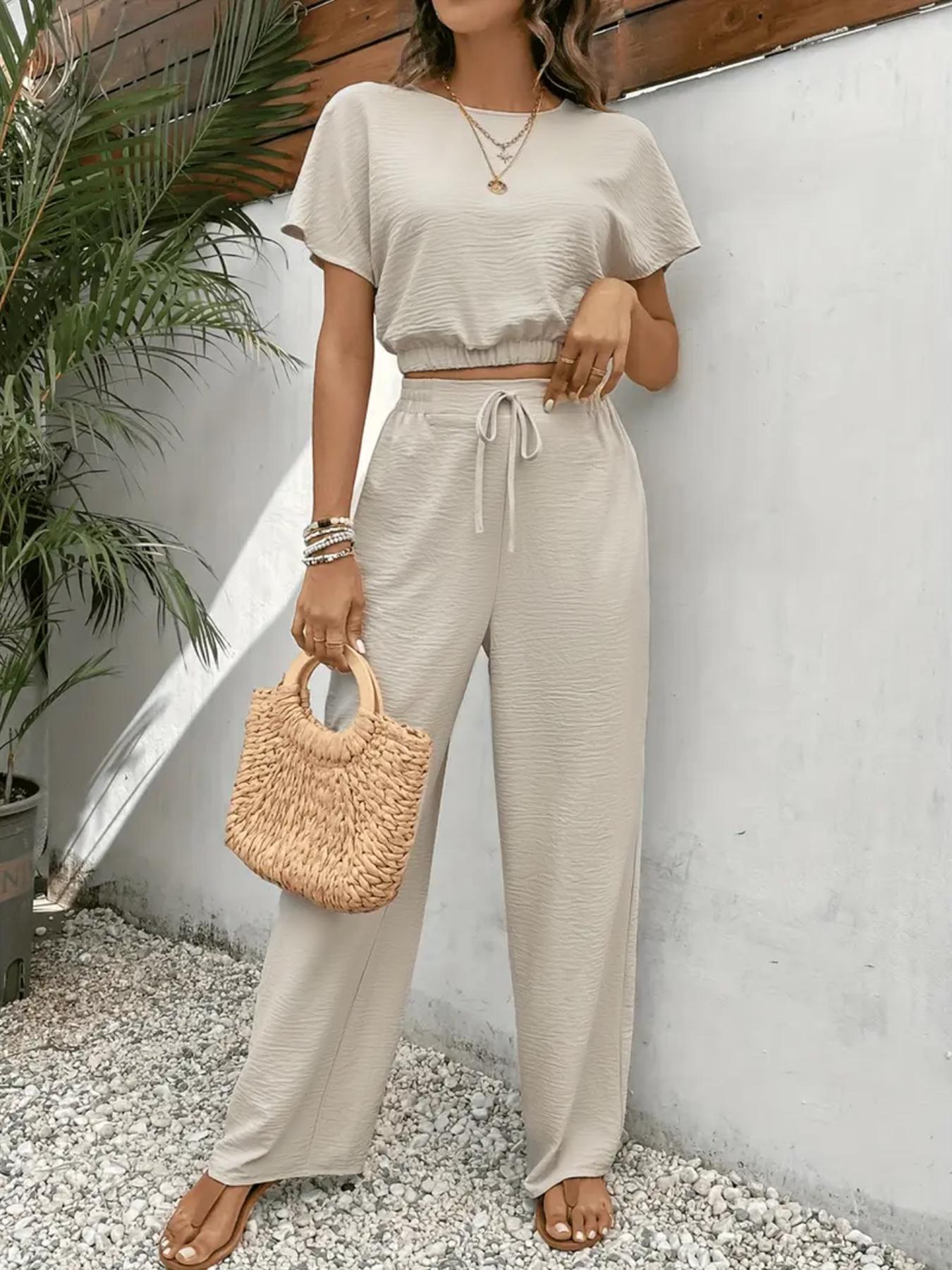 Women's Solid Color Fitted Top & Wide Leg Pants Two-piece Set, Casual Round Neck Top & Drawstring Waist Trousers for Summer, Ladies Clothes for Daily Wear, Womenswear