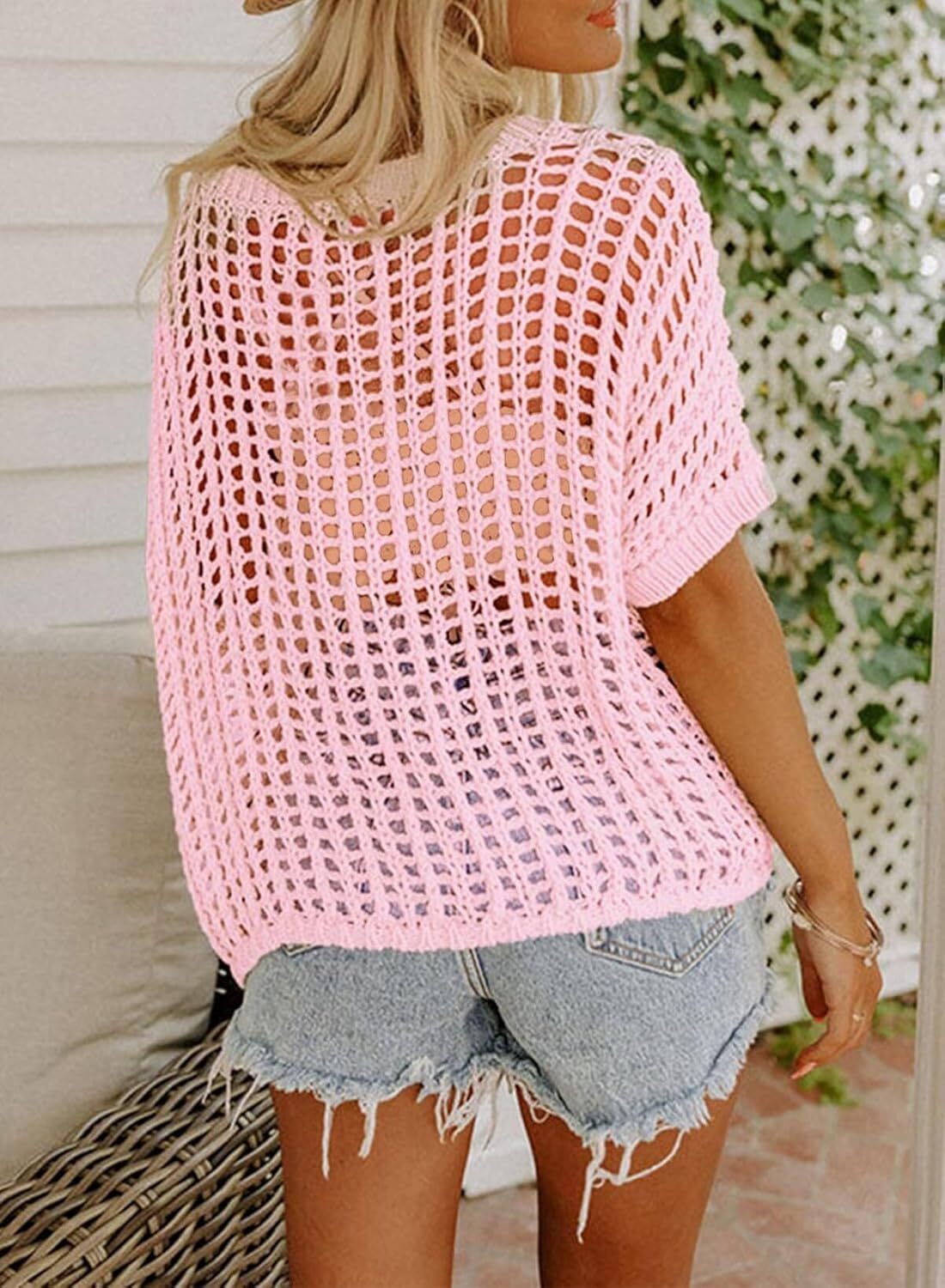 Womens Summer Scoop Neck Short Sleeve Sweater Casual Crochet Hollow Out Knit Tops Pullover Shirts Beach Coverup