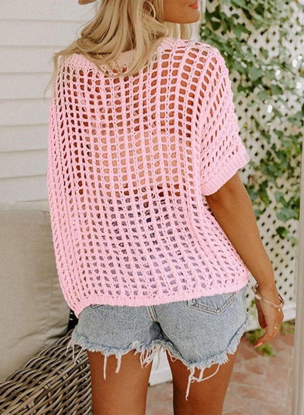 Womens Summer Scoop Neck Short Sleeve Sweater Casual Crochet Hollow Out Knit Tops Pullover Shirts Beach Coverup