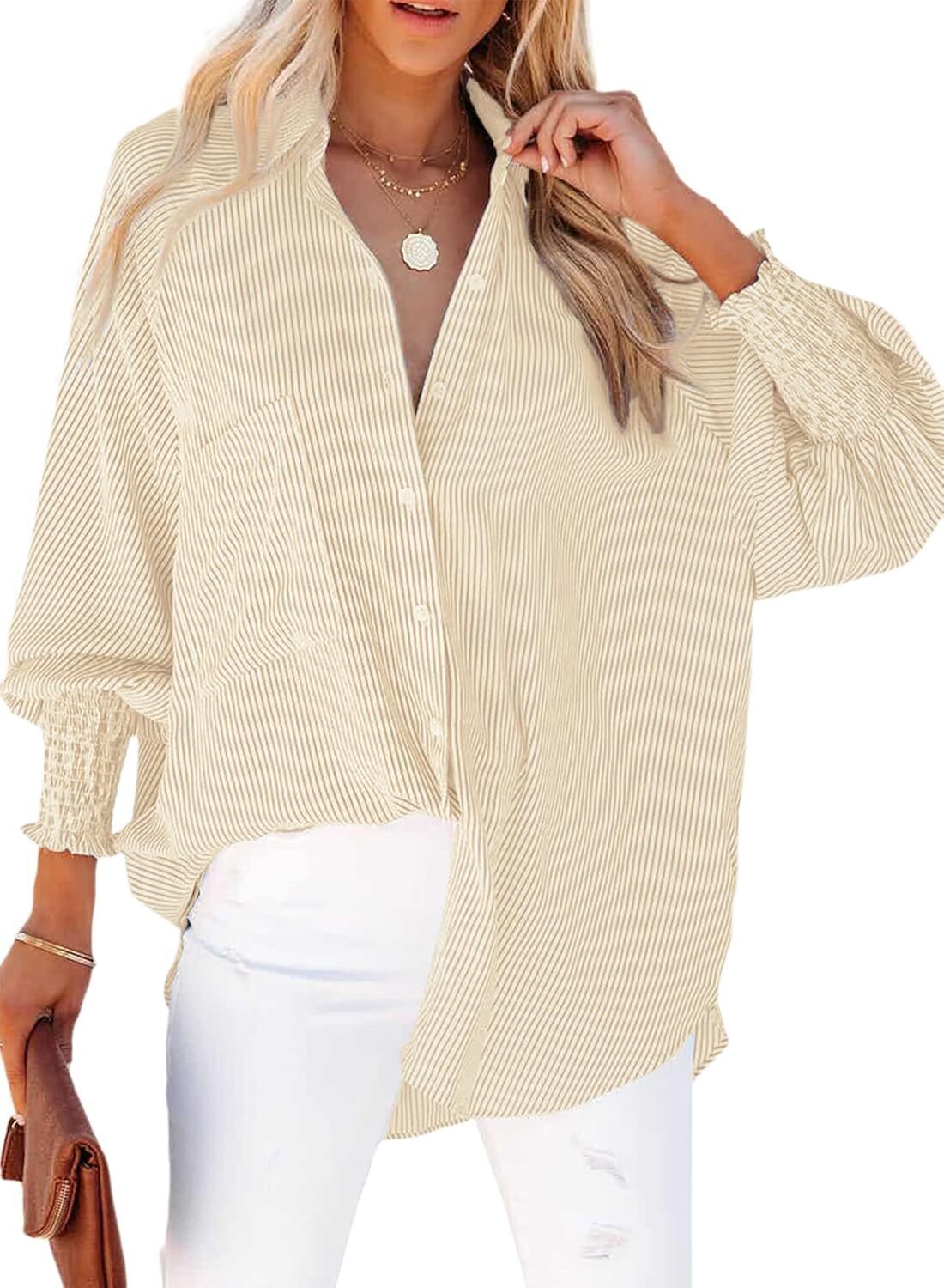 Women's Smocked Cuffed Striped Boyfriend Shirt with Pocket Casual Collar Long Sleeve Blouse Tops for Pocket Shirred