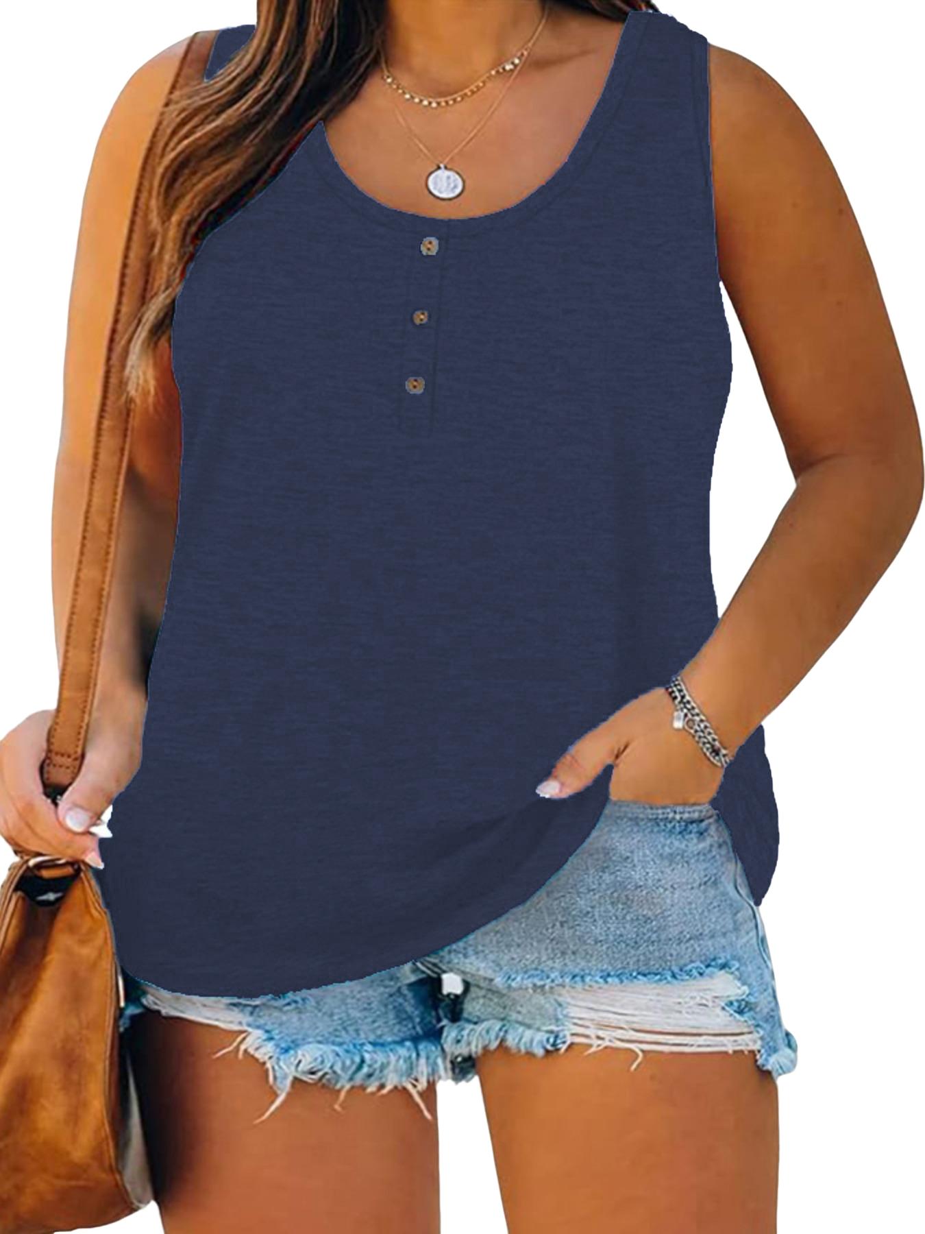 Summer New Trend Large Size Women's Tank Button Casual Vest, Fitted Plain Design, Perfect for Daily Wear, Comfortable and Stylish