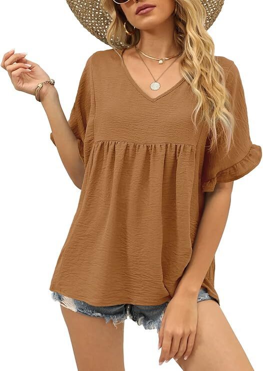 Womens Tops Casual V Neck Ruffle Sleeve T Shirts Babydoll Loose Fit Peplum Tops