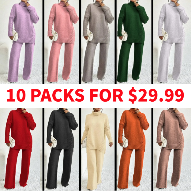 Two-Piece Set Women's Textured Split High Low Hem Sweater & Wide Leg Knitting Pants