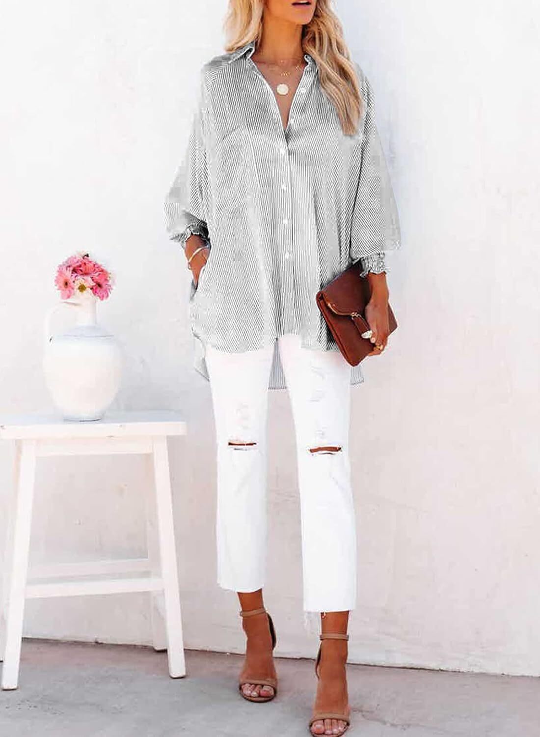 Women's Smocked Cuffed Striped Boyfriend Shirt with Pocket Casual Collar Long Sleeve Blouse Tops for Pocket Shirred
