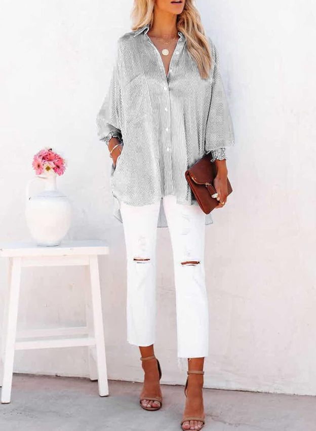 Women's Smocked Cuffed Striped Boyfriend Shirt with Pocket Casual Collar Long Sleeve Blouse Tops for Pocket Shirred