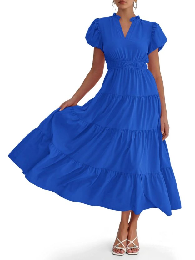 ⏰Hot Sale 90% OFF🎉Puff Short Sleeve V Neck Flowy Tiered Beach A-Line Dresses