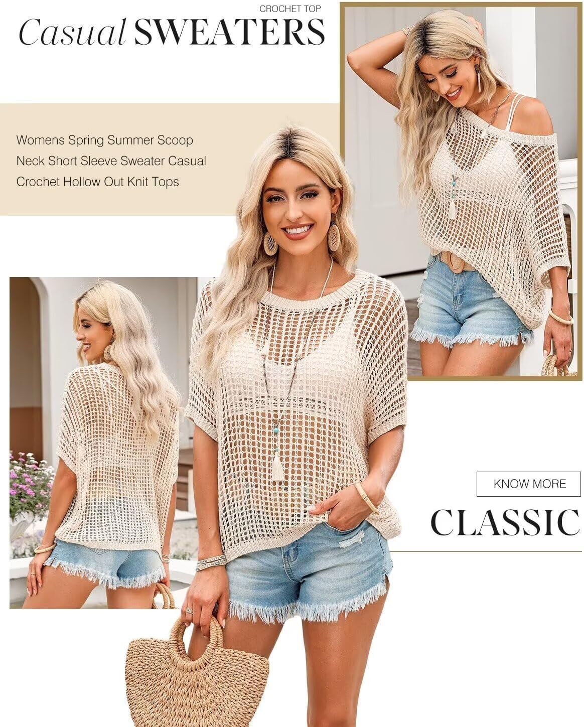 Womens Summer Scoop Neck Short Sleeve Sweater Casual Crochet Hollow Out Knit Tops Pullover Shirts Beach Coverup