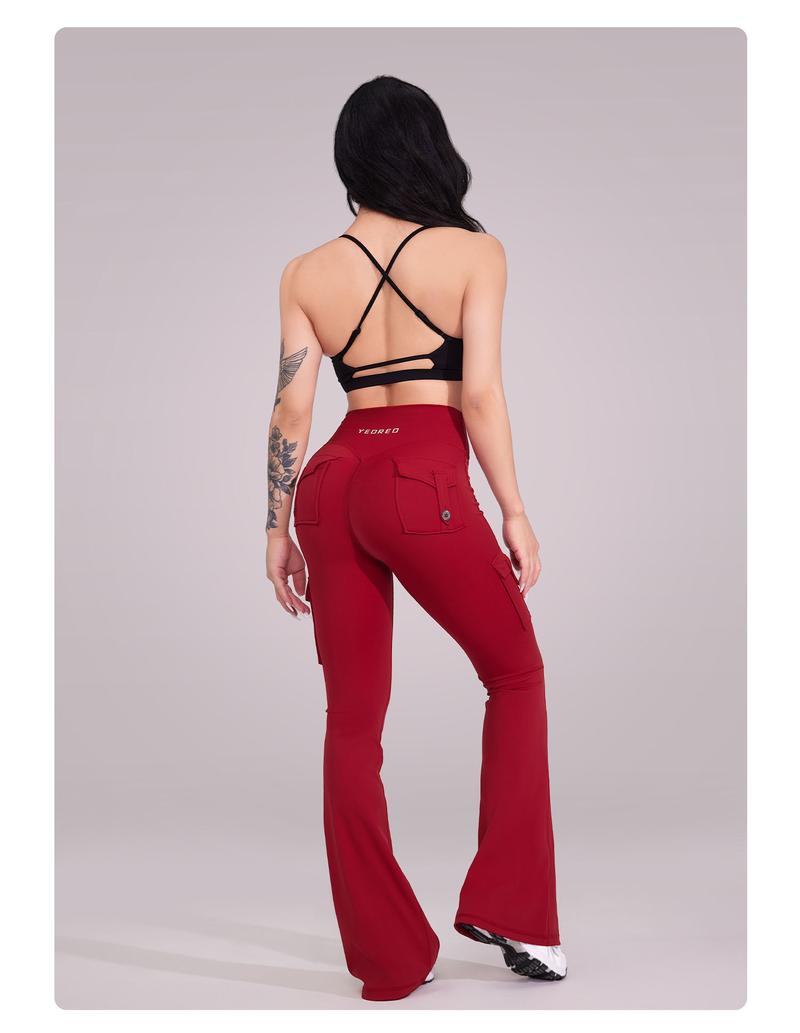 YEOREO CoreFlex Women's Workout Flare Leggings with Pockets Hidden Scrunch High Waisted Cargo Gym Yoga No Front Seam Leggings Flared Joggers Fitness Outfit Camouflage Sports Pants 75% Nylon 25% Spandex