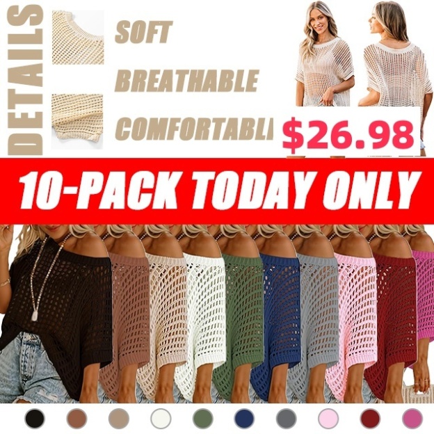 Womens Summer Scoop Neck Short Sleeve Sweater Casual Crochet Hollow Out Knit Tops Pullover Shirts Beach Coverup