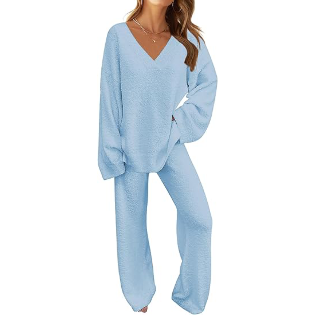 Women's 2 Piece Outfits Fuzzy Fleece Pajama Set Long Sleeve Top Wide Leg Pants Loungewear