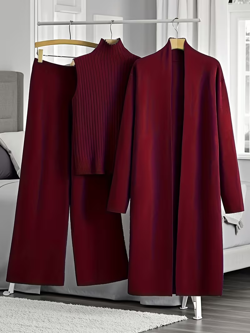 New Autumn And Winter Women'S Loose Set, Including Long Wide-leg Pants, A Shawl Cardigan, And A High-neck Vest Sweater, A Fashionable Three-piece Set.