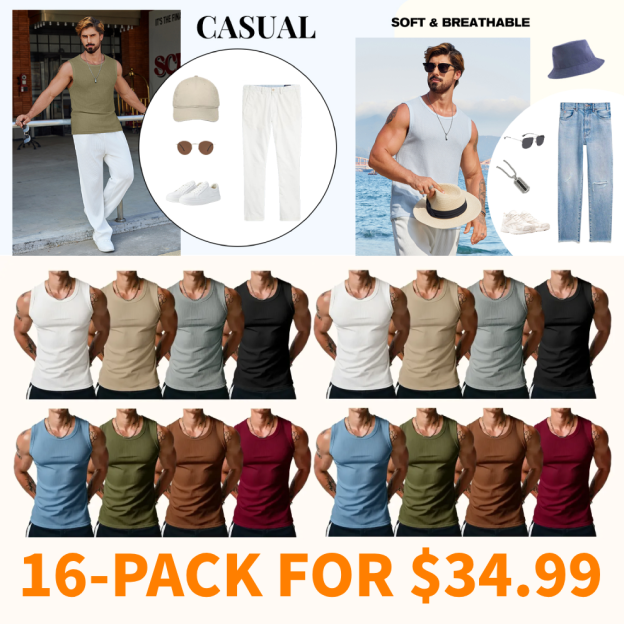 Men’s Wide Strap Ribbed Tank Top, High Stretch Breathable Muscle Tank, Heavyweight Drapey Fit Gym & Casual Sleeveless Shirt