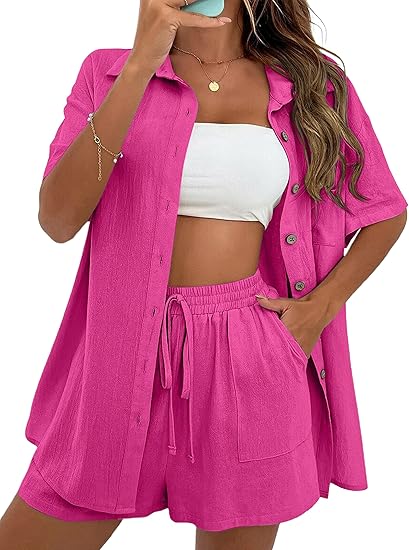 Women Summer Cotton Linen Short Sets 2 Piece Shorts Top Lounge Beach Vacation Two Piece Outfits Tracksuits