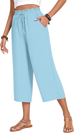 Women’s high-waisted wide-leg casual cropped pants with adjustable drawstring and pockets