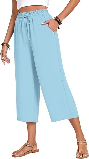 Women’s high-waisted wide-leg casual cropped pants with adjustable drawstring and pockets