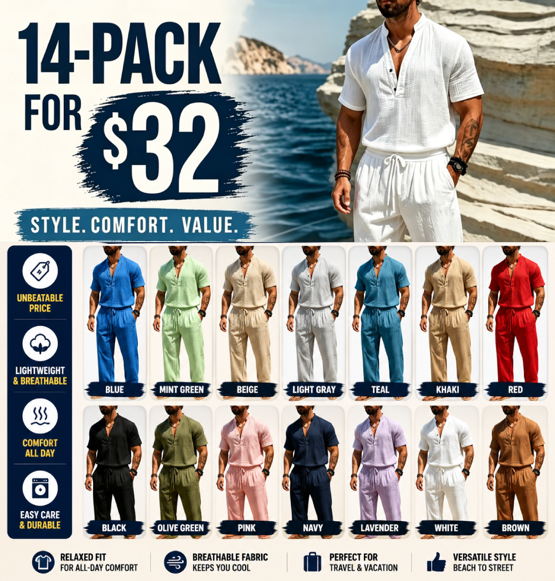 Men's Casual Solid Color Linen Short-Sleeve Shirt and Trousers Suit
