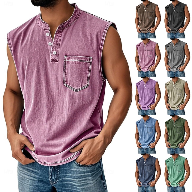Men's Vintage Stand Collar Casual Pocket Solid Color Sleeveless Henley Vest
