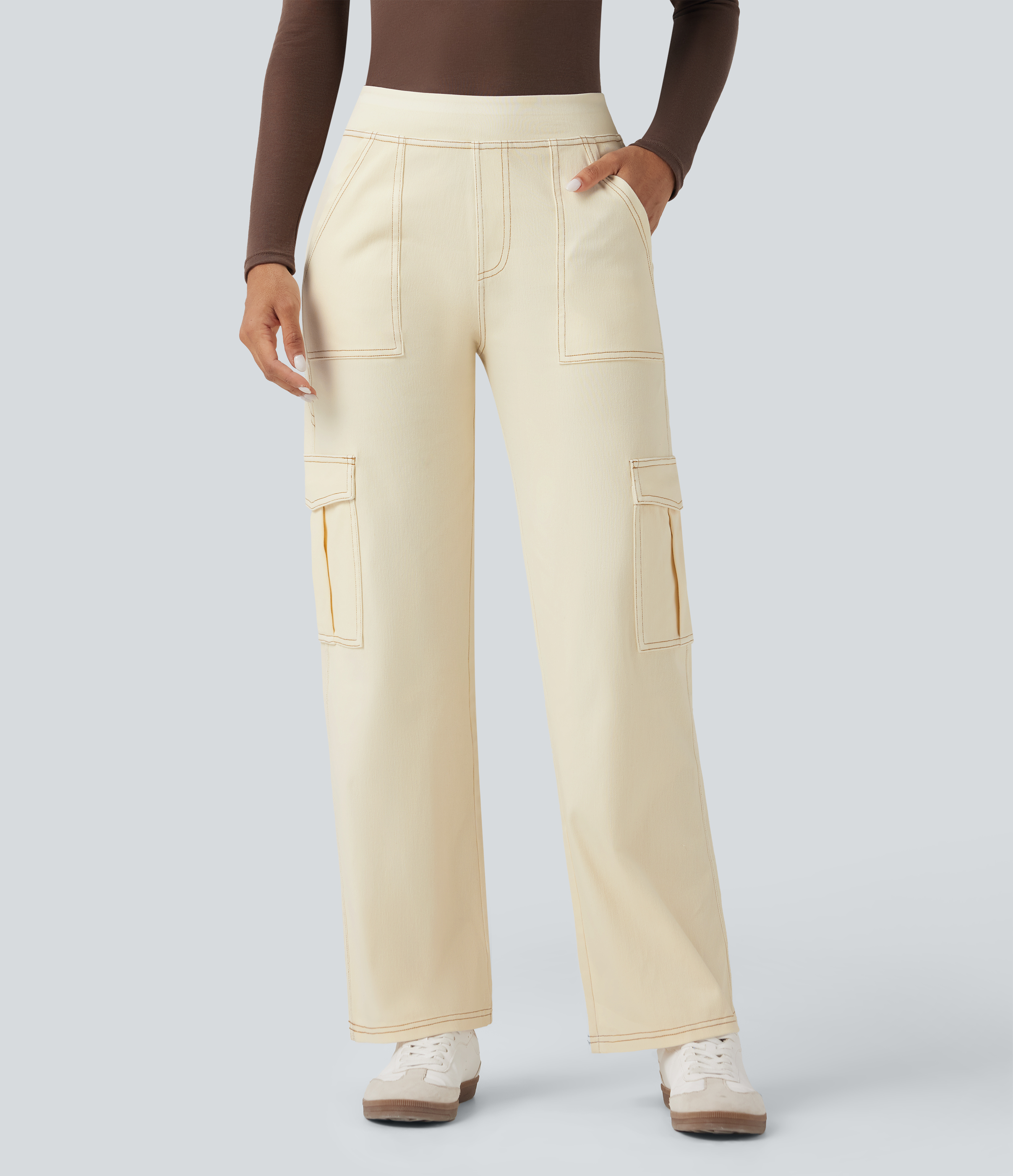 Mid Rise Pockets Straight Leg Casual Cargo Jeans