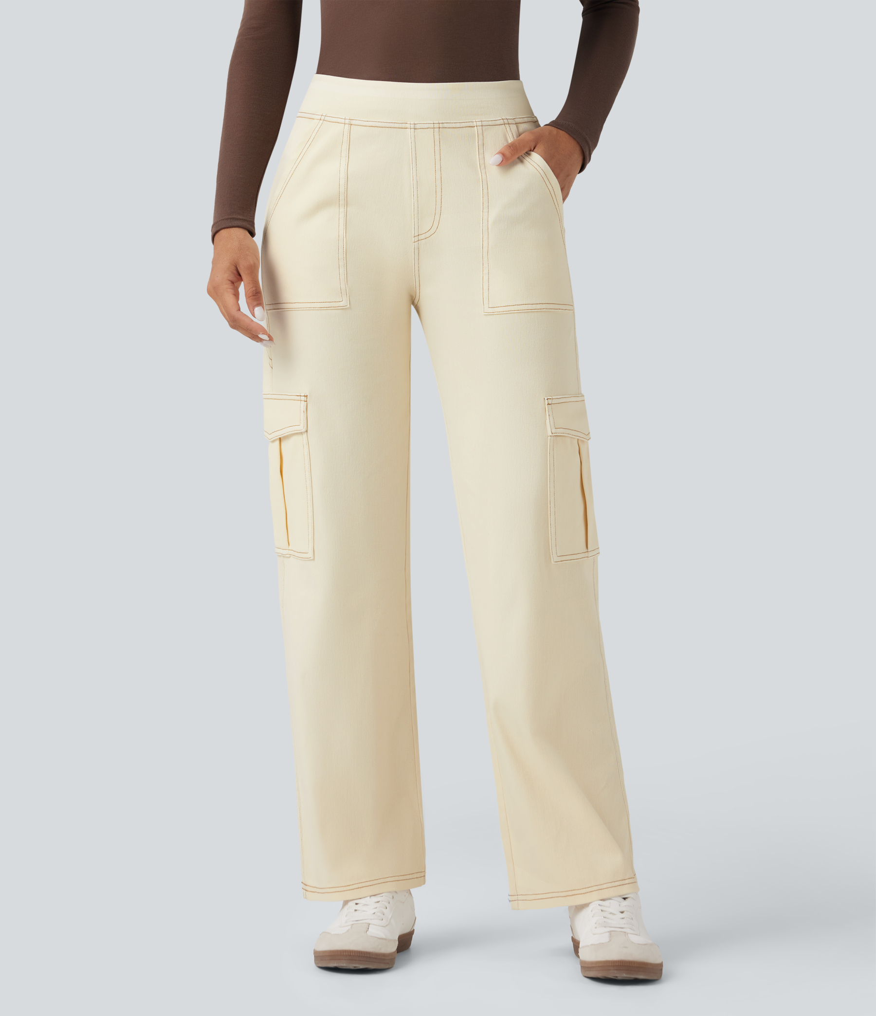 Mid Rise Pockets Straight Leg Casual Cargo Jeans