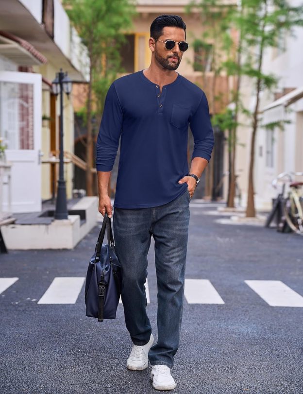 💫Clearance Sale-🔥12 PAIRS-$32.86⚡Men's Fashion Vintage Distressed Pocket Long Sleeve Henley Shirt