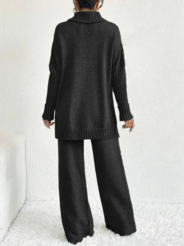 Two-Piece Set Women's Textured Split High Low Hem Sweater & Wide Leg Knitting Pants