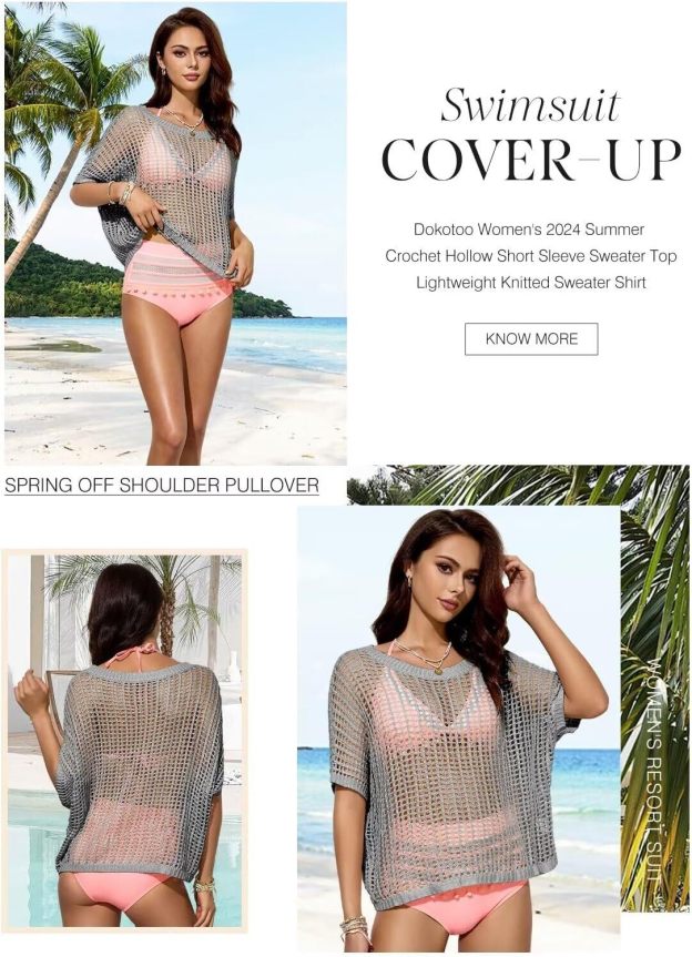 Womens Summer Scoop Neck Short Sleeve Sweater Casual Crochet Hollow Out Knit Tops Pullover Shirts Beach Coverup
