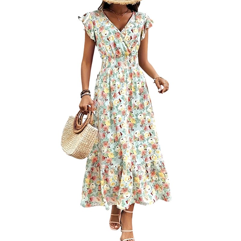 📢📢90% OFF !! ⏰Women's Floral V-Neck Smocked Waist Dress