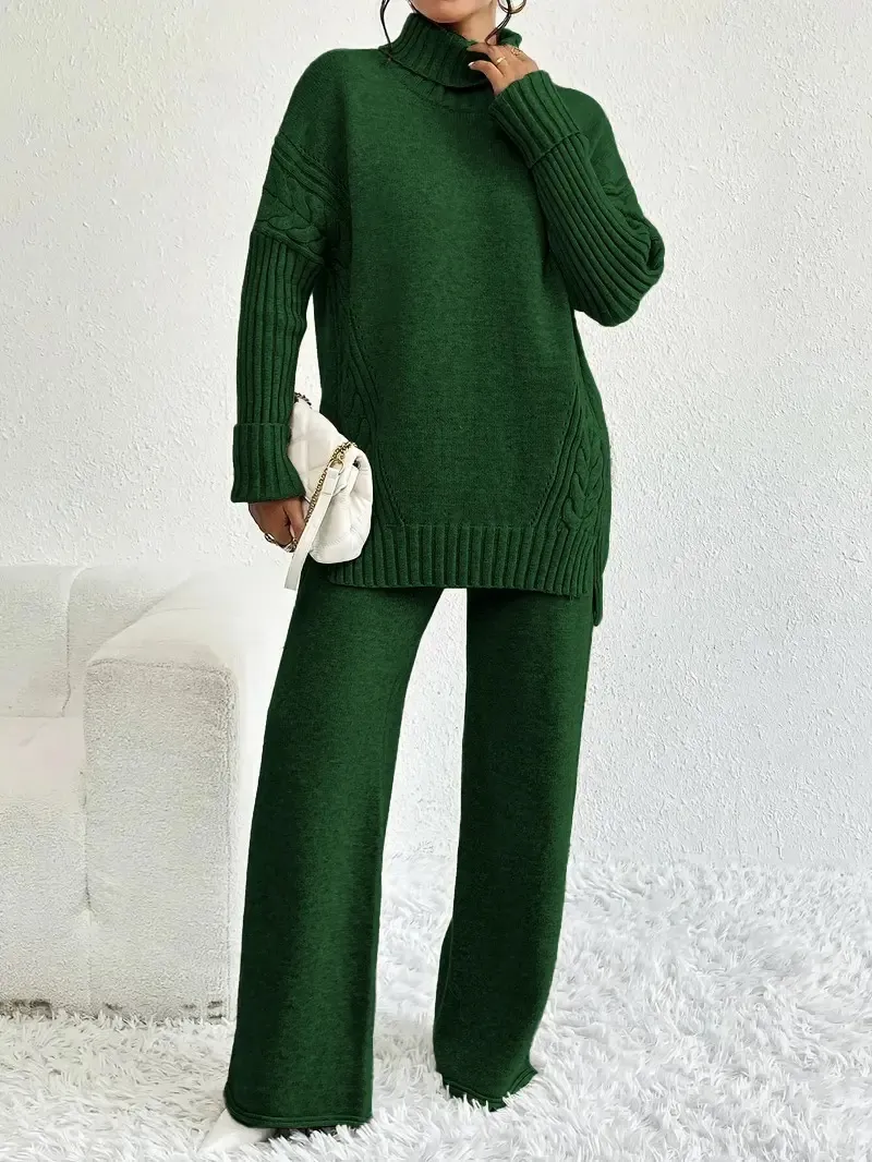 Two-Piece Set Women's Textured Split High Low Hem Sweater & Wide Leg Knitting Pants