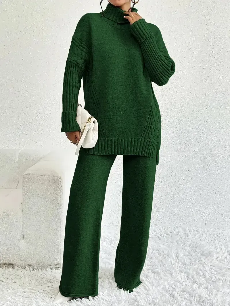 Two-Piece Set Women's Textured Split High Low Hem Sweater & Wide Leg Knitting Pants