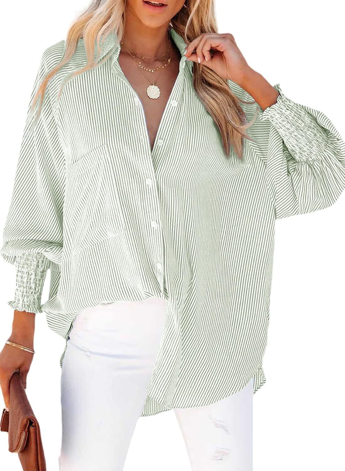 Women's Smocked Cuffed Striped Boyfriend Shirt with Pocket Casual Collar Long Sleeve Blouse Tops for Pocket Shirred