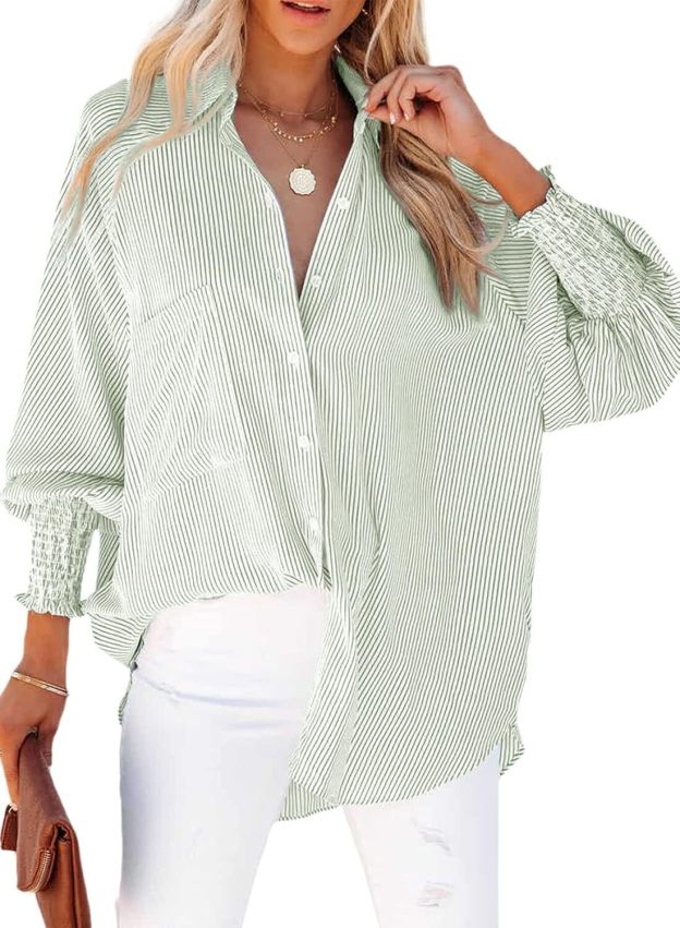 Women's Smocked Cuffed Striped Boyfriend Shirt with Pocket Casual Collar Long Sleeve Blouse Tops for Pocket Shirred