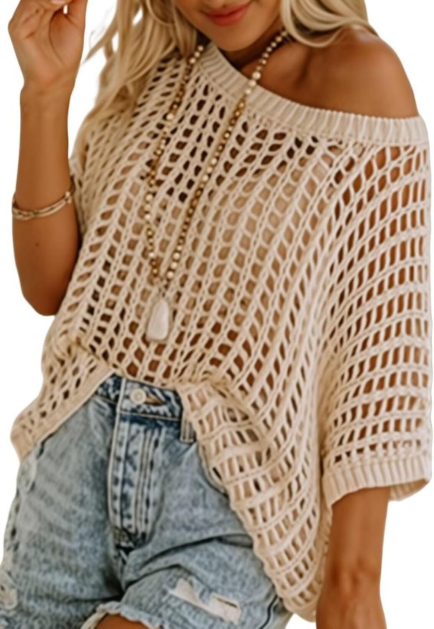 Womens Summer Scoop Neck Short Sleeve Sweater Casual Crochet Hollow Out Knit Tops Pullover Shirts Beach Coverup