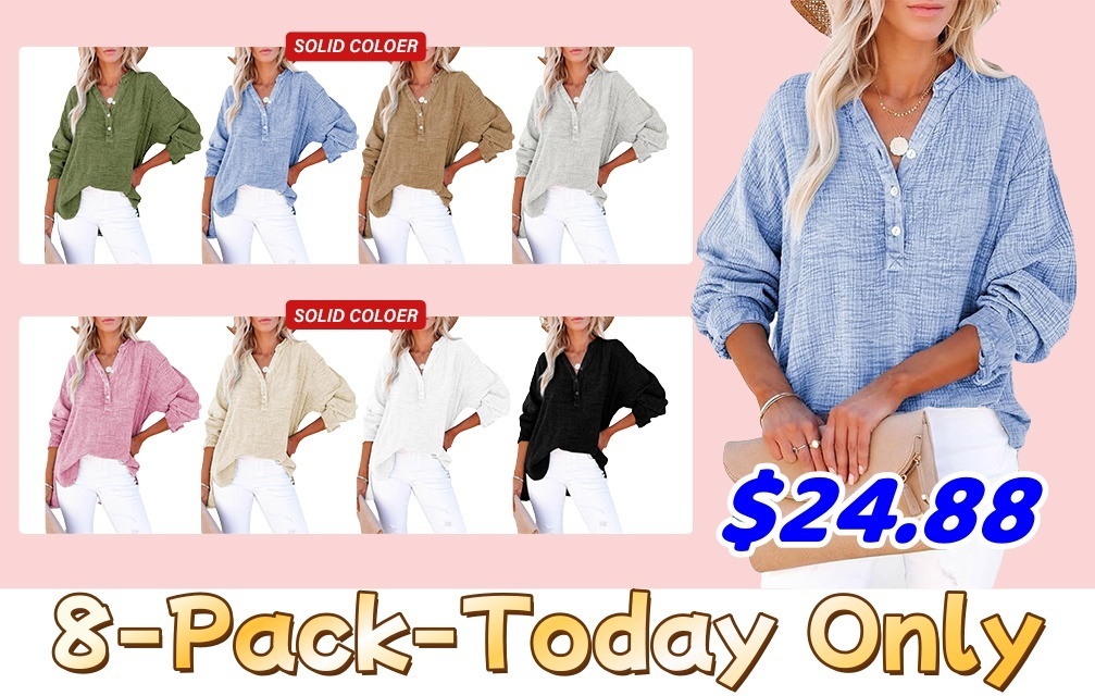 Womens Casual Button V Neck Long Sleeve Shirts Oversized Solid Blouses