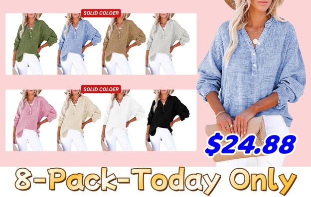 Womens Casual Button V Neck Long Sleeve Shirts Oversized Solid Blouses Tops