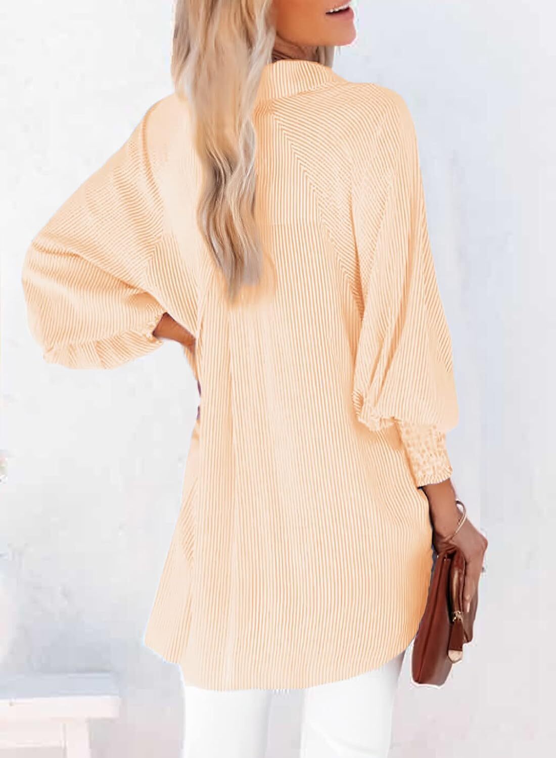 Women's Smocked Cuffed Striped Boyfriend Shirt with Pocket Casual Collar Long Sleeve Blouse Tops for Pocket Shirred