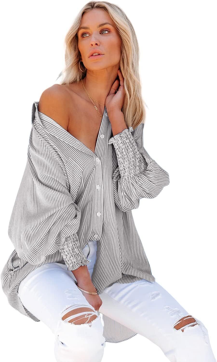 Women's Smocked Cuffed Striped Boyfriend Shirt with Pocket Casual Collar Long Sleeve Blouse Tops for Pocket Shirred